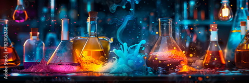 chemical reactions taking place in a laboratory setting, with colorful liquids bubbling and fizzing in glassware. photo