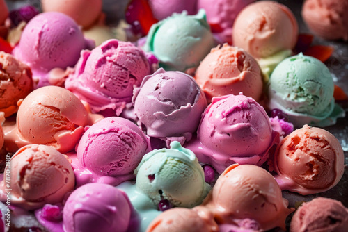 Multi-colored ice cream balls, appetizing cold dessert, dairy product