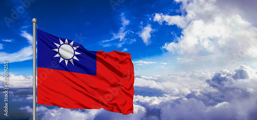 Taiwan national flag cloth fabric waving on beautiful Blue Sky Background.