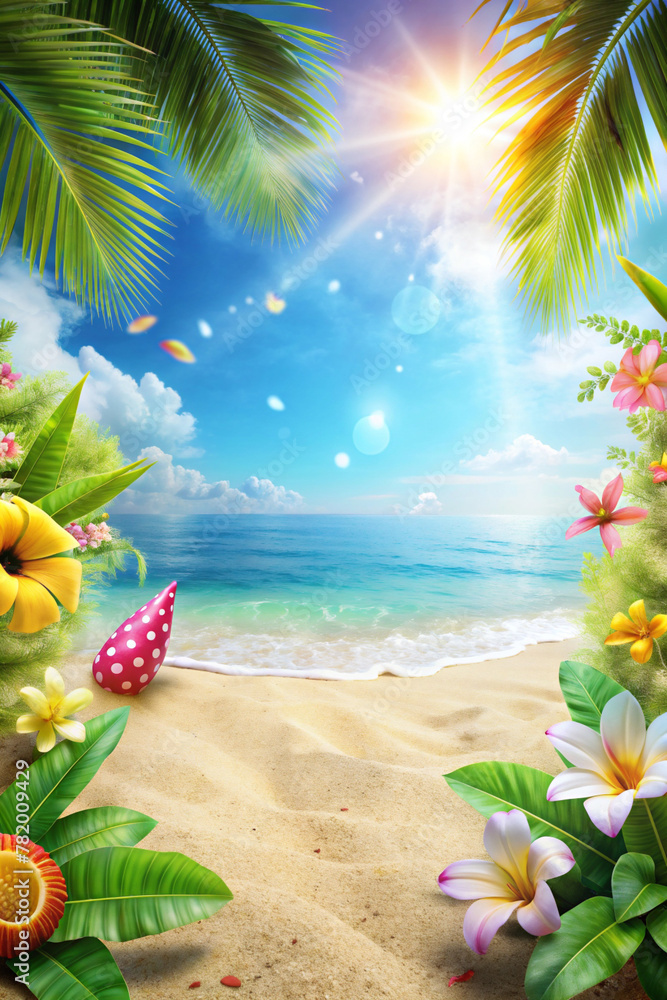 Palm leaves frame a sunny beachscape where the ocean meets a clear sky