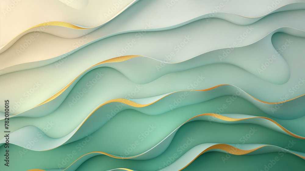 Vector art background, 3D green waves with golden mist in the lowlands