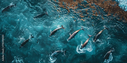 Family of whales in the ocean top view generated AI photo