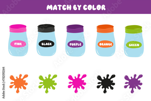 Educational children's game. Puzzle for children. Match by color. Find pairs of paint cans and blots. Studying color. Educational cards for children © Gordeeva