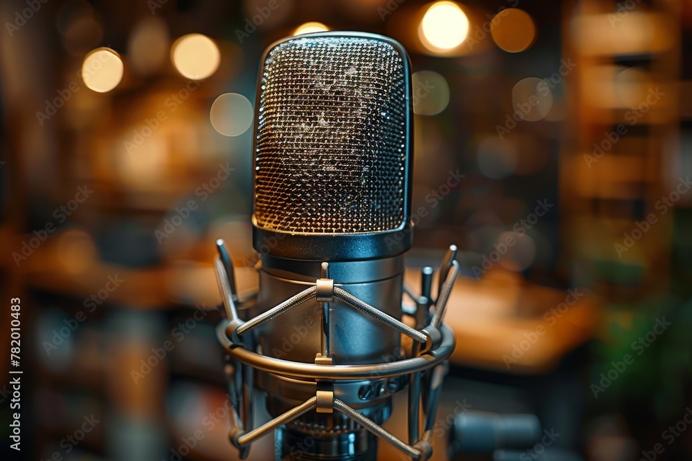 A detailed close-up of a professional studio microphone setup, against a blurred background emphasizing quality and precision A detailed close-up of a professional studio microphone setup, against a blurred background emphasizing quality and precision