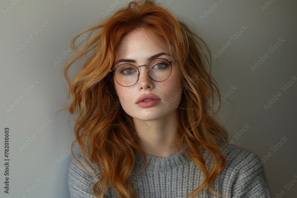Attractive woman with fiery red curly hair and stylish glasses poses with a modern look Attractive woman with fiery red curly hair and stylish glasses poses with a modern look