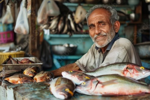 A gray-haired fish seller at the summer market.