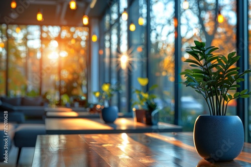 A warm and inviting café setting with sunlight streaming through the window, highlighting a potted plant and wooden table