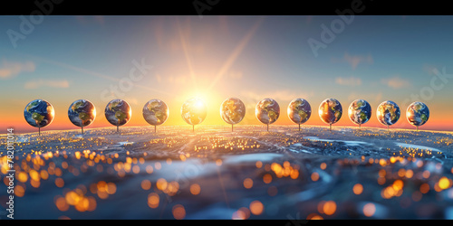 A series of nine glowing orbs, each one representing a planet, are suspended in the air. The orbs are illuminated by the sun, creating a sense of wonder and awe photo