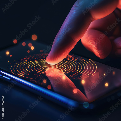 Person’s finger makes contact with a cell phone screen unlocking a smartphone with the touch of fingerprint. Biometric modern fingerprint technology