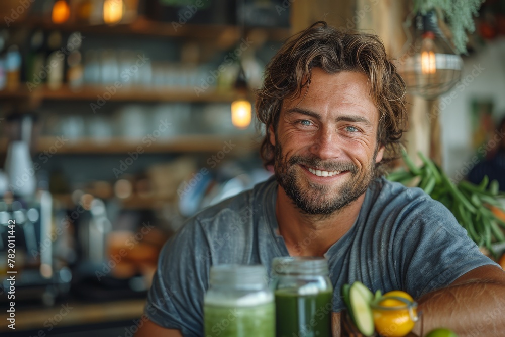 Cheerful man with wavy hair smiles at the camera while sitting at a health bar with green juice in front