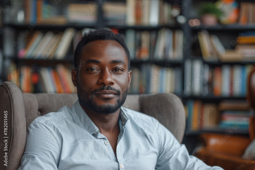 Thoughtful man in a white shirt sits with a confident posture against a backdrop of bookshelves in a library Thoughtful man in a white shirt sits with a confident posture against a backdrop of bookshelves in a library