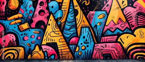 Vibrant pyramid graffiti pops against a colorful background