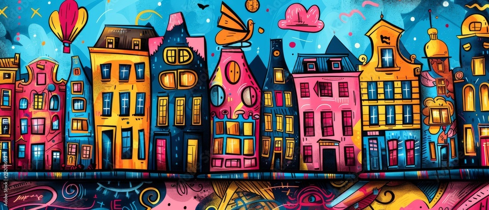 The colorful background of vibrant graffiti adorns Amsterdam, Netherlands