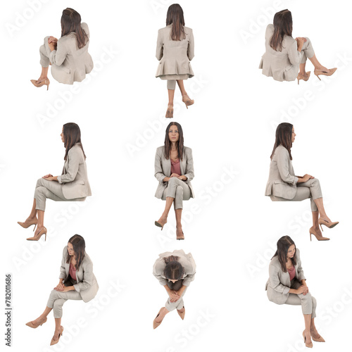 Set of orthographic isometric views of business woman in suit sitting and looking ahead. Full body isolated on transparent background	