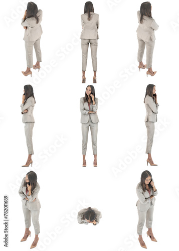 Set of orthographic isometric views of business woman in suit talking on the cell phone. Full body isolated on transparent background	