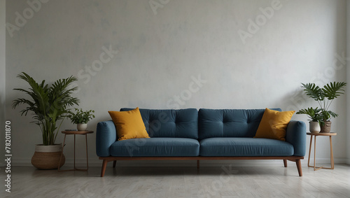 A blue couch sits in the center of a room with two potted plants on either side of it.   © Hammad