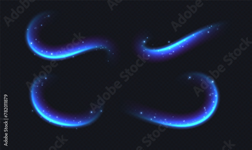 Blue speed lines, glowing motion effect. Cold air flow effect, fresh breeze, winter freezing wind, blue light trails. Luminescent curves.