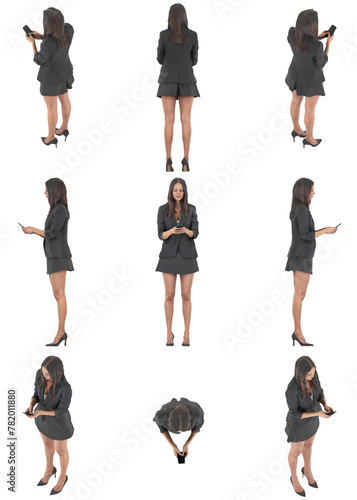 Set of multiple orthographic and isometric views of business woman in suit jacket and skirt standing and using cell phone. Full body isolated on transparent background	