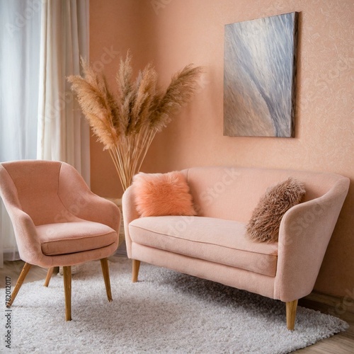 Minimalistyczne wnętrze salonu w odcieniach peach fuzz © Monika