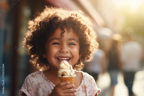 Happy little African girl with curly hair eats ice cream in a waffle cone against the backdrop of a sunny city street  cafe in summer