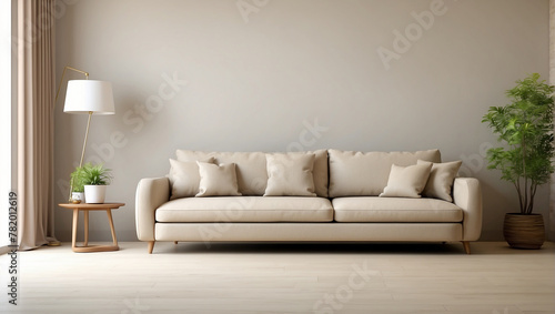 A creamy living room with a couch, coffee table, rug, lamp, plant, and large window.   © Hammad