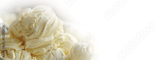 Vanilla ice cream. An ice cream scoop scoops a scoop of ice cream from an ice cream container. Top view. Flat lay