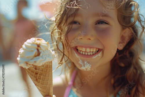 Happy little girl eating ice cream in a waffle cone against the backdrop of a sunny city street, cafe in summer