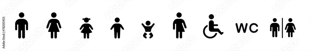 WC icons set. Toilet symbol. Man and woman signs, Male or female restroom WC signs, mother with baby and handicapped vector illustration. WC icons set. Toilet symbol. Man and woman signs, Male or female restroom WC signs, mother with baby and handicapped vector illustration.