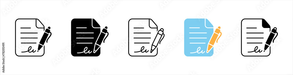 Pen signing a contract with signature icon set in line style. business management symbol. Pen, Signature, Paper signs, vector illustration Pen signing a contract with signature icon set in line style. business management symbol. Pen, Signature, Paper signs, vector illustration
