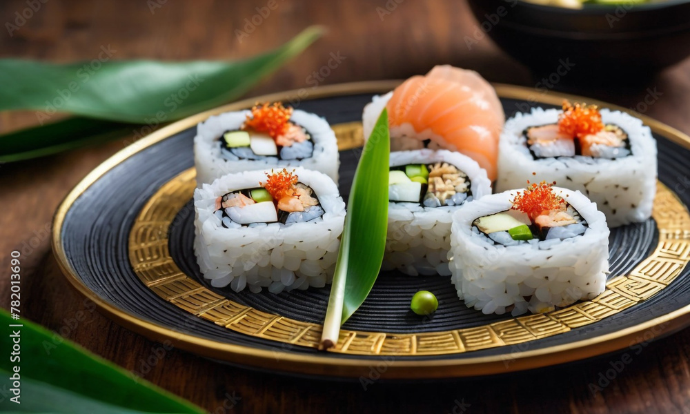A vibrant image of assorted sushi pieces artistically arranged on a rectangular plate, accompanied by green leaves and a lit candle in the background.