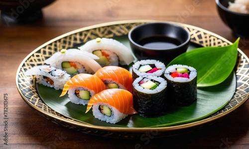 A vibrant image of assorted sushi pieces artistically arranged on a rectangular plate, accompanied by green leaves and a lit candle in the background.