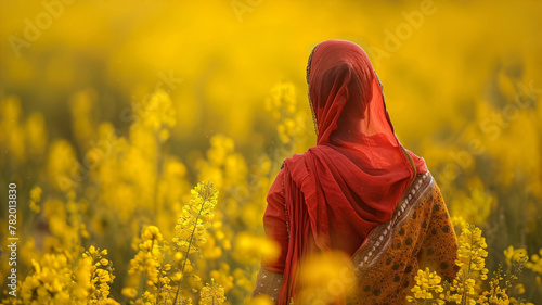 Backside view of an indian woman standing in a yellow mustard flower field.