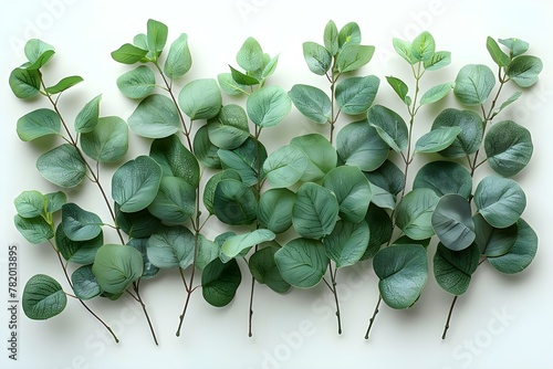 Eucalyptus Serenity: Fresh Leaves on White. Concept Nature Photoshoot, Botanical Beauty, Zen Vibes, Clean and Green photo