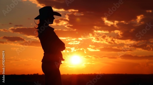 A woman in silhouette stands against a vibrant sunset sky, wearing a cowboy hat, embodying the spirit of the American West.