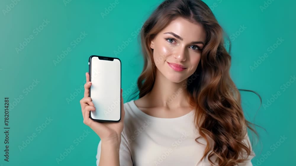 Photo pretty lady posing near big smartphone screen display new phone model advert promo isolated blue color background Photo pretty lady posing near big smartphone screen display new phone model advert promo isolated blue color background