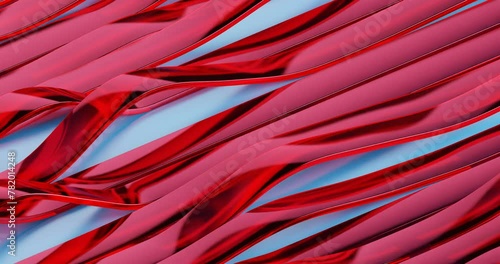 Long red glass shiny ribbon lines wriggle like waves on a light background, abstract colored background with stripes, loop animation, 3d rendering photo