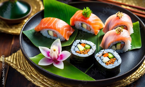 A vibrant image of assorted sushi pieces artistically arranged on a rectangular plate, accompanied by green leaves and a lit candle in the background.