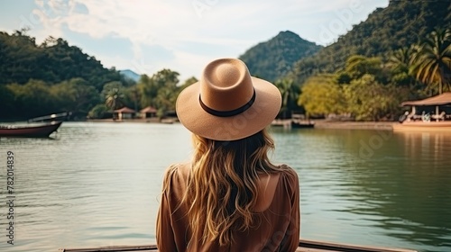 Woman looking at tropical river from a boat © BetterPhoto