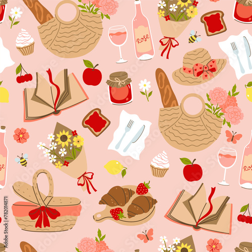 Seamless pattern with outdoor picnic items. Vector graphics.