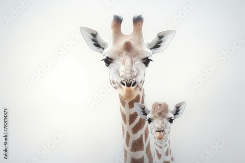 Mother and baby giraffe isolated on white background