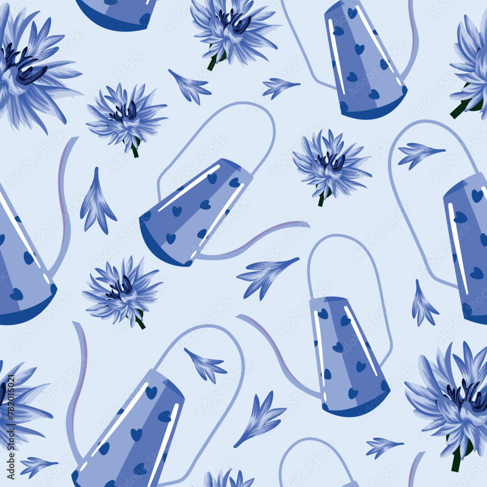seamless pattern with blue with hearts watering can for plants and buds of blue cornoflowers, for posters banners or cards	 - obrazy, fototapety, plakaty 