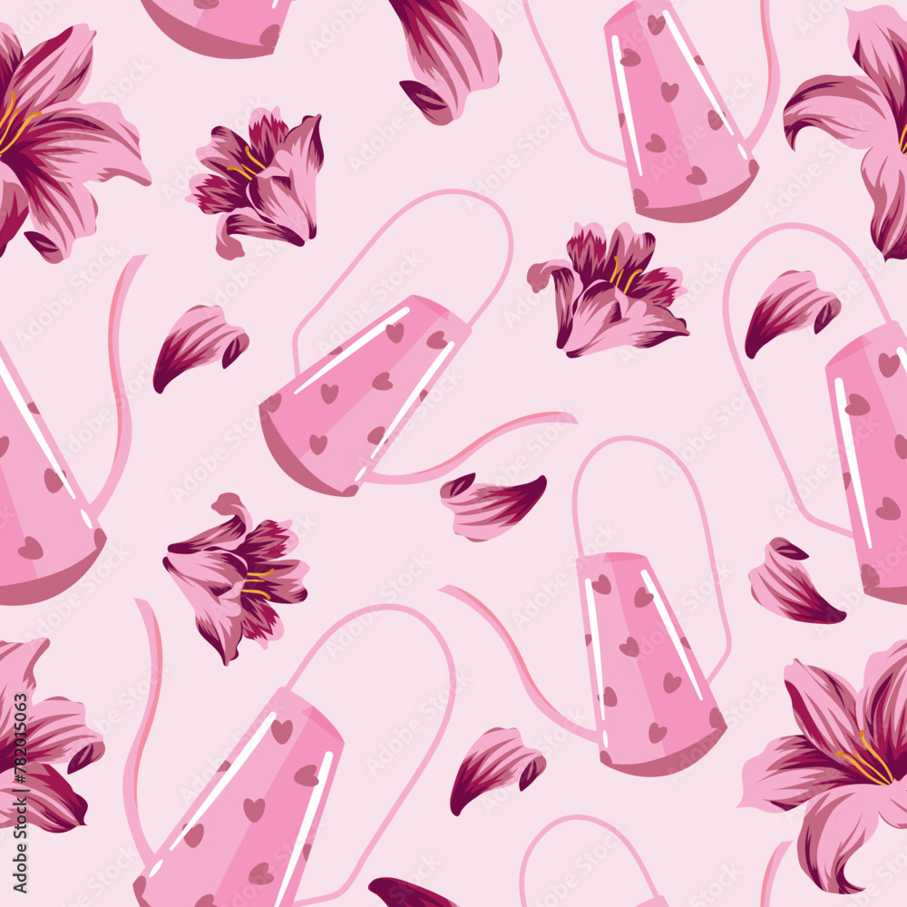 seamless pattern with pink with hearts watering can for plants and buds of pink lily, for posters banners or cards	 - obrazy, fototapety, plakaty 
