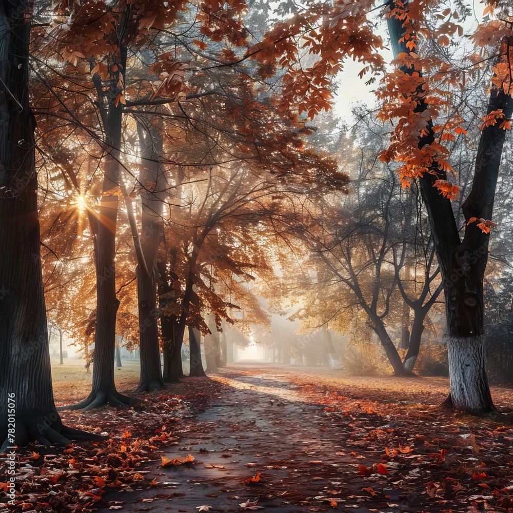 Autumn forest path with orange trees and red-brown maple leaves in a city park. Enhanced by sunset fog, it offers a serene atmosphere under the morning sunlight. 