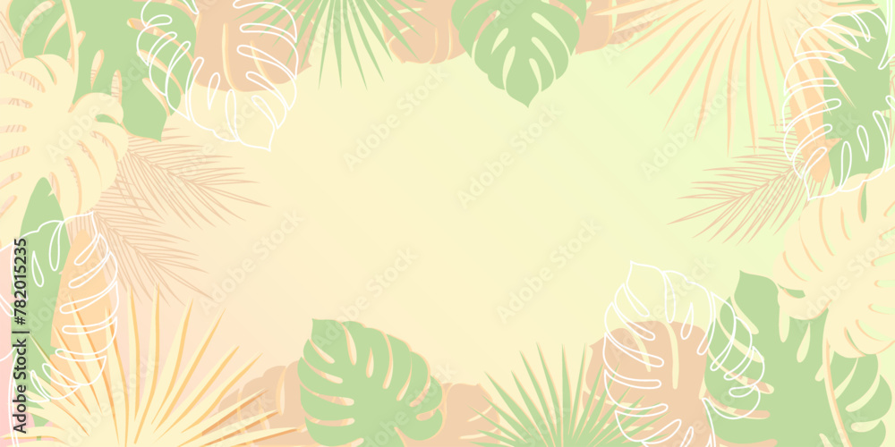 Fototapeta premium Summer banner with tropical leaves. Tropical background. Vector illustration in pastel colors