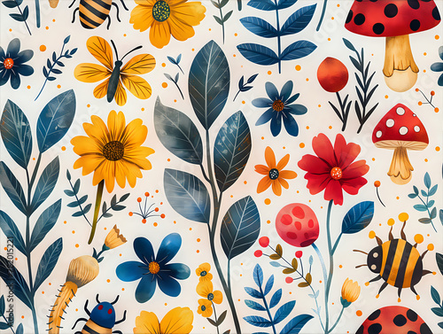 pattern with flowers and bugs