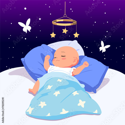A cute newborn baby is sleeping peacefully under a soft blue blanket. The adorable little one is taking a nap. The child is dreaming. A vector cartoon illustration.