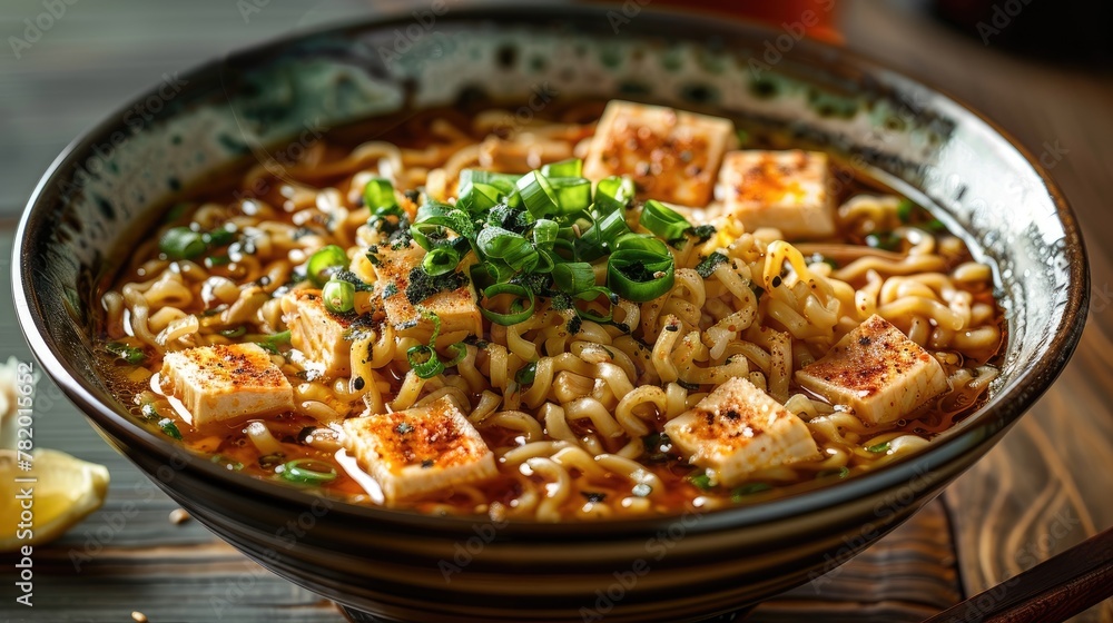 A bowl of ramen soup with tofu and green onions. The soup is hot and spicy, and the noodles are long and thin