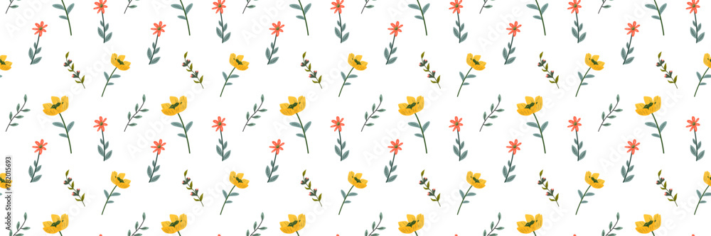 Seamless floral pattern with hand drawn flowers, leaves and branches ...