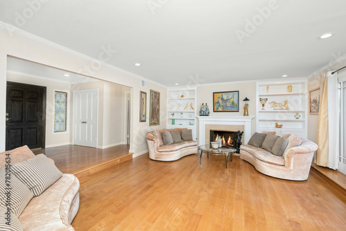 Vászonkép Cozy living room with hardwood floors and a fireplace in Encino, California