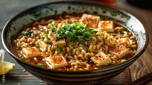 A bowl of ramen soup with tofu and green onions. The soup is hot and spicy, and the noodles are long and thin